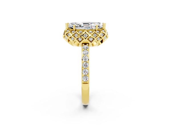 Yellow gold Marquise Cut Moissanite Scalloped Halo Engagement Ring with Round Shared Prong Band