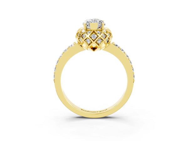 Yellow gold Marquise Cut Moissanite Scalloped Halo Engagement Ring with Round Shared Prong Band