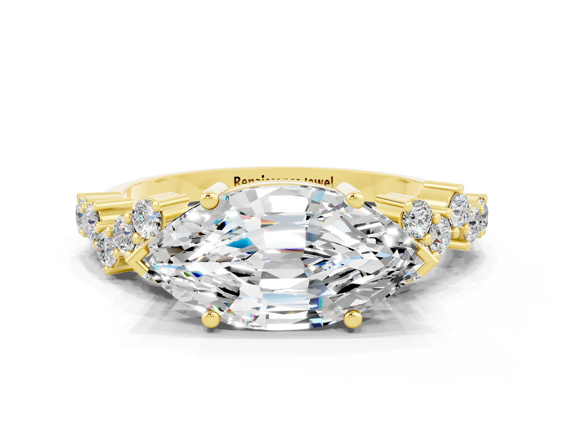Yellow gold Marquise Cut Moissanite Scattered Round Accent Ring with Prong Setting_12