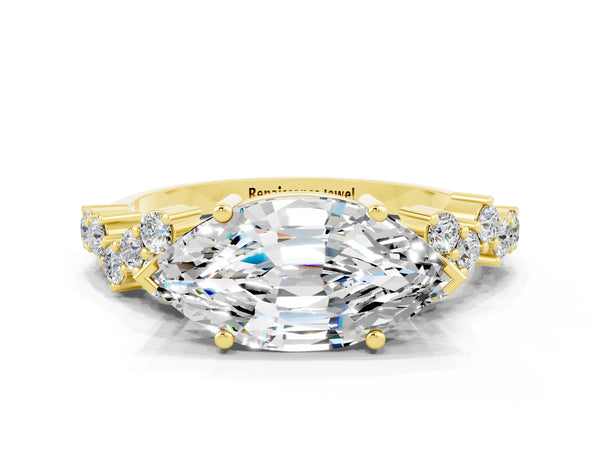 Yellow gold Marquise Cut Moissanite Scattered Round Accent Ring with Prong Setting
