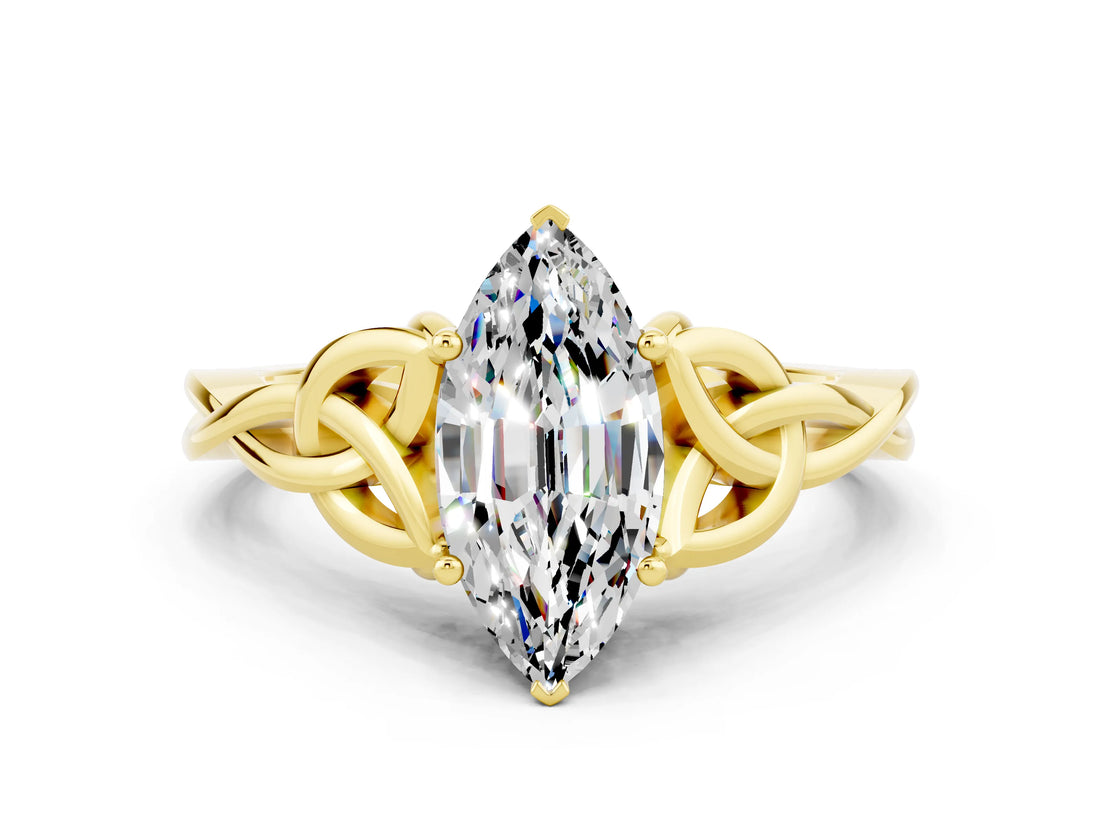Yellow gold Marquise Cut Moissanite Solitaire Celtic Knot Ring with Four-Prong Setting_12