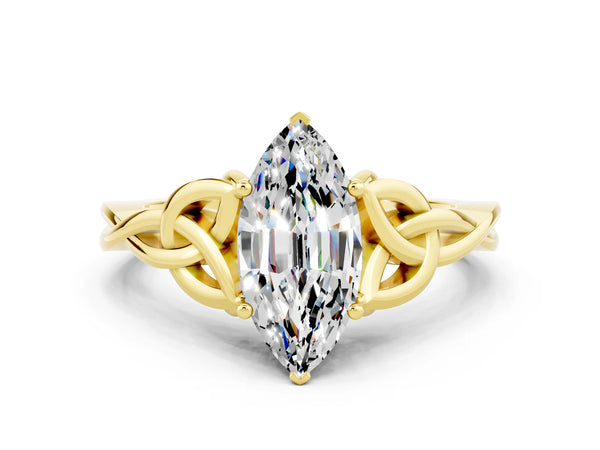 Yellow gold Marquise Cut Moissanite Solitaire Celtic Knot Ring with Four-Prong Setting