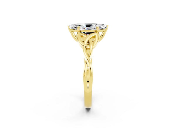 Yellow gold Marquise Cut Moissanite Solitaire Celtic Knot Ring with Four-Prong Setting