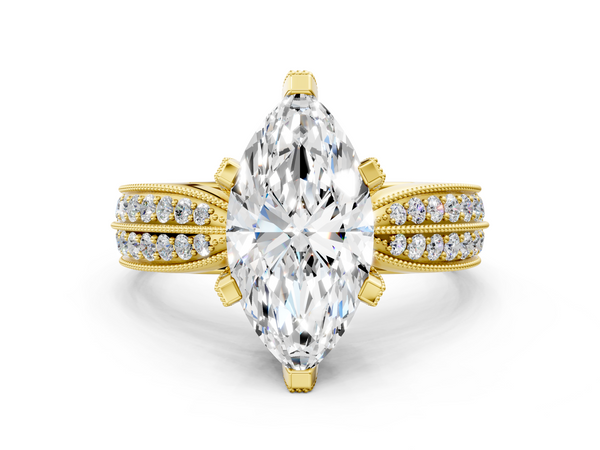 Yellow gold Marquise Cut Moissanite   Solitaire Diamond Ring with Milgrain Pavé Band and Four-Prong Setting