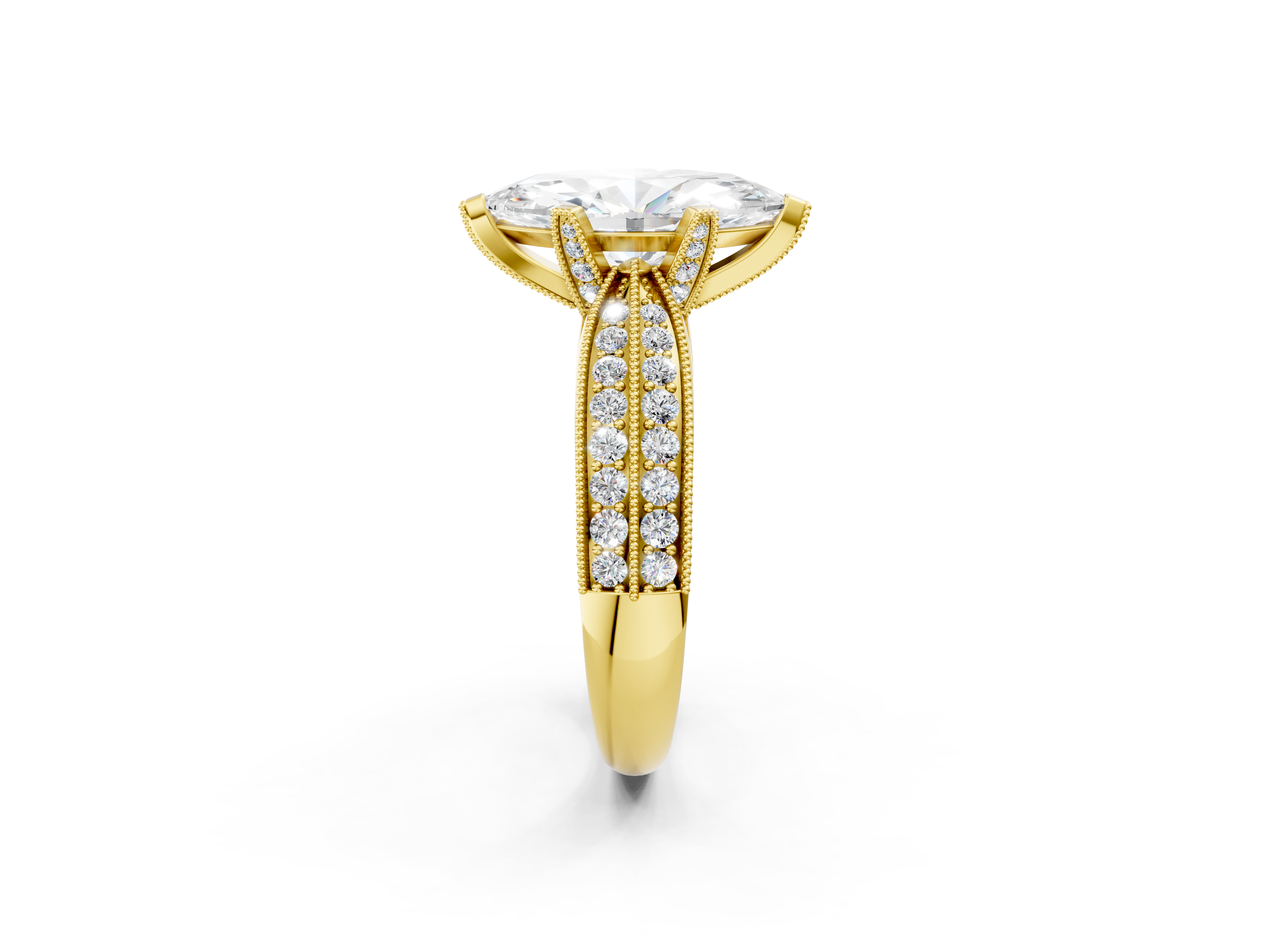 Yellow gold Marquise Cut Moissanite   Solitaire Diamond Ring with Milgrain Pavé Band and Four-Prong Setting_37