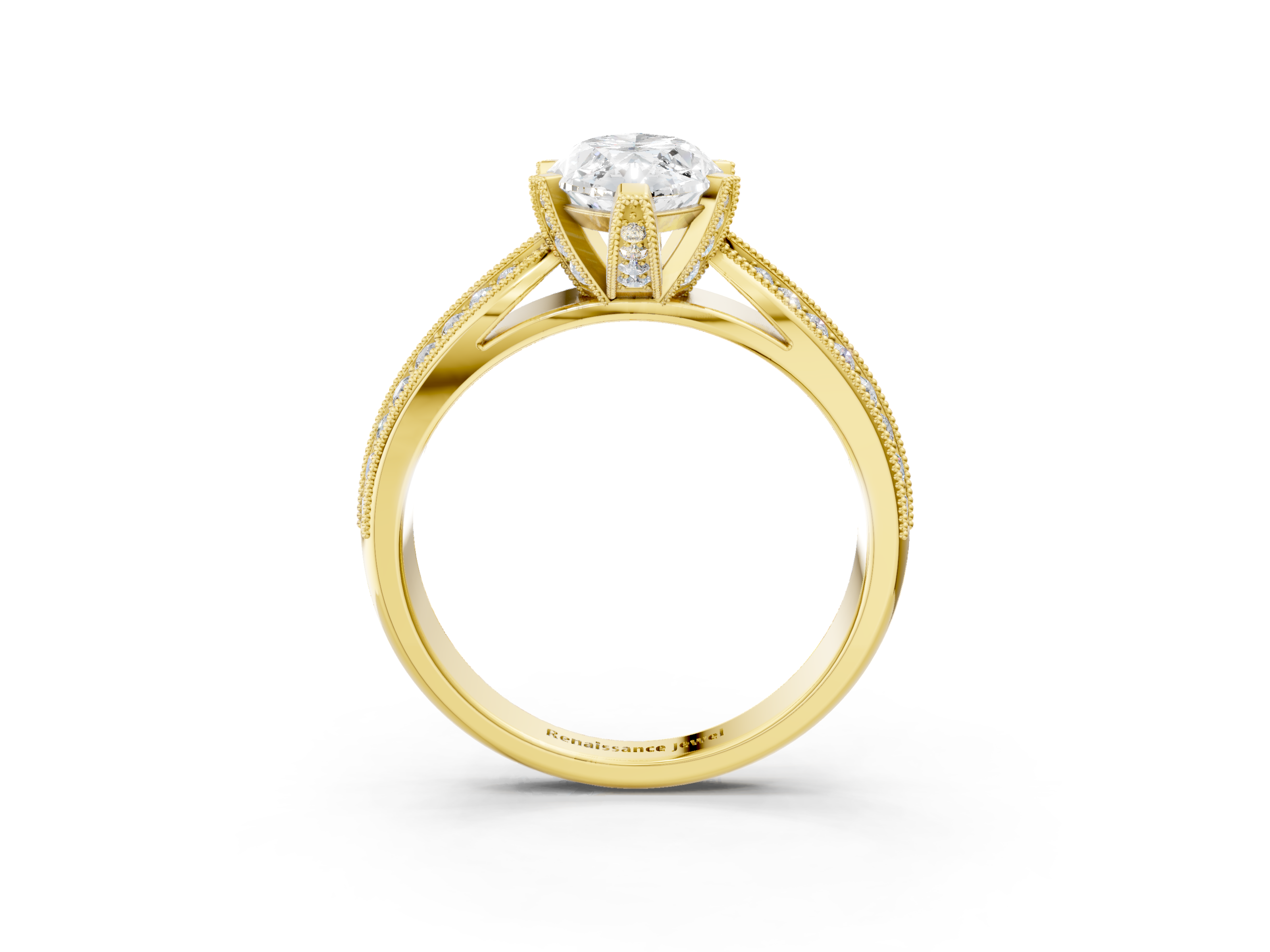 Yellow gold Marquise Cut Moissanite   Solitaire Diamond Ring with Milgrain Pavé Band and Four-Prong Setting_38