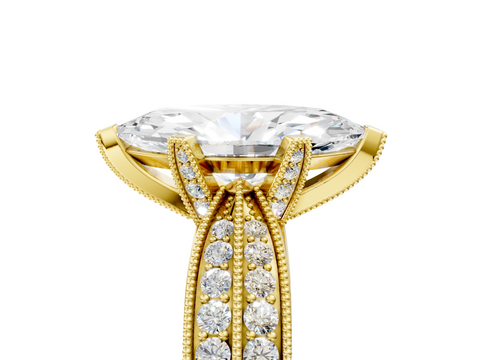Yellow gold Marquise Cut Moissanite   Solitaire Diamond Ring with Milgrain Pavé Band and Four-Prong Setting_40