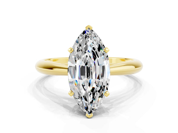 Yellow gold Marquise Cut Moissanite Solitaire Engagement Ring with Cathedral Setting and Four-Prong Mount