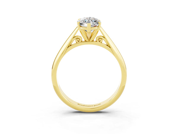 Yellow gold Marquise Cut Moissanite Solitaire Engagement Ring with Cathedral Setting and Four-Prong Mount