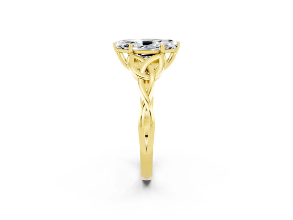Yellow gold Marquise Cut Moissanite Solitaire Engagement Ring with Celtic Knot Band and Four-Prong Setting
