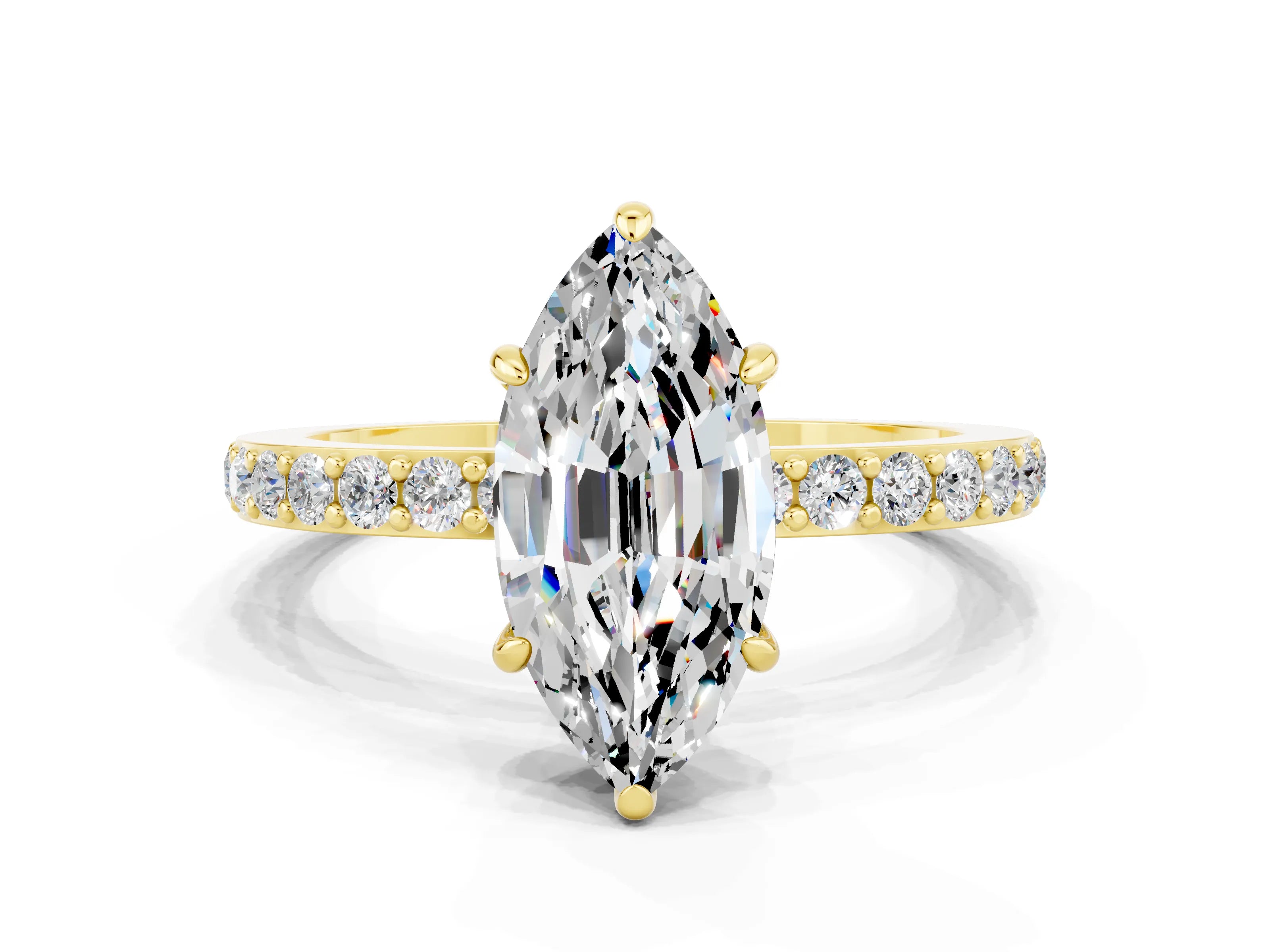 Yellow gold Marquise Cut Moissanite Solitaire Engagement Ring with Pavé Band and Four-Prong Setting