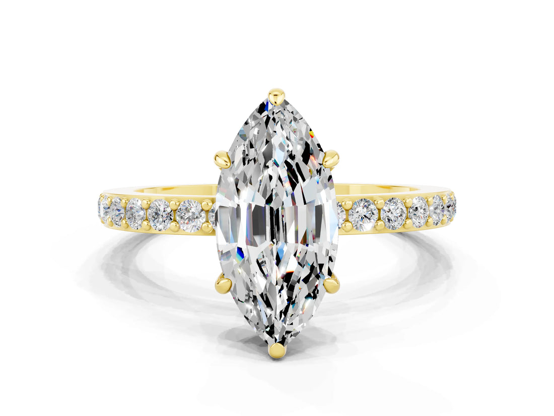 Yellow gold Marquise Cut Moissanite Solitaire Engagement Ring with Pavé Band and Four-Prong Setting