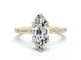 Yellow gold Marquise Cut Moissanite Solitaire Engagement Ring with Pavé Band and Four-Prong Setting