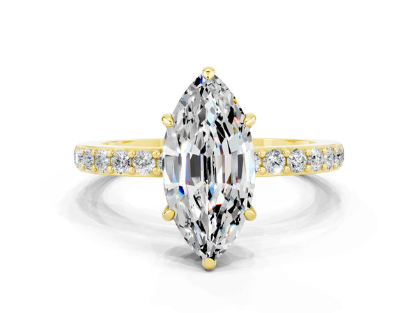 Yellow gold Marquise Cut Moissanite Solitaire Engagement Ring with Pavé Band and Four-Prong Setting