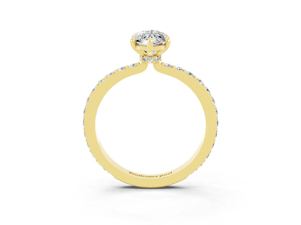 Yellow gold Marquise Cut Moissanite Solitaire Engagement Ring with Pavé Band and Four-Prong Setting