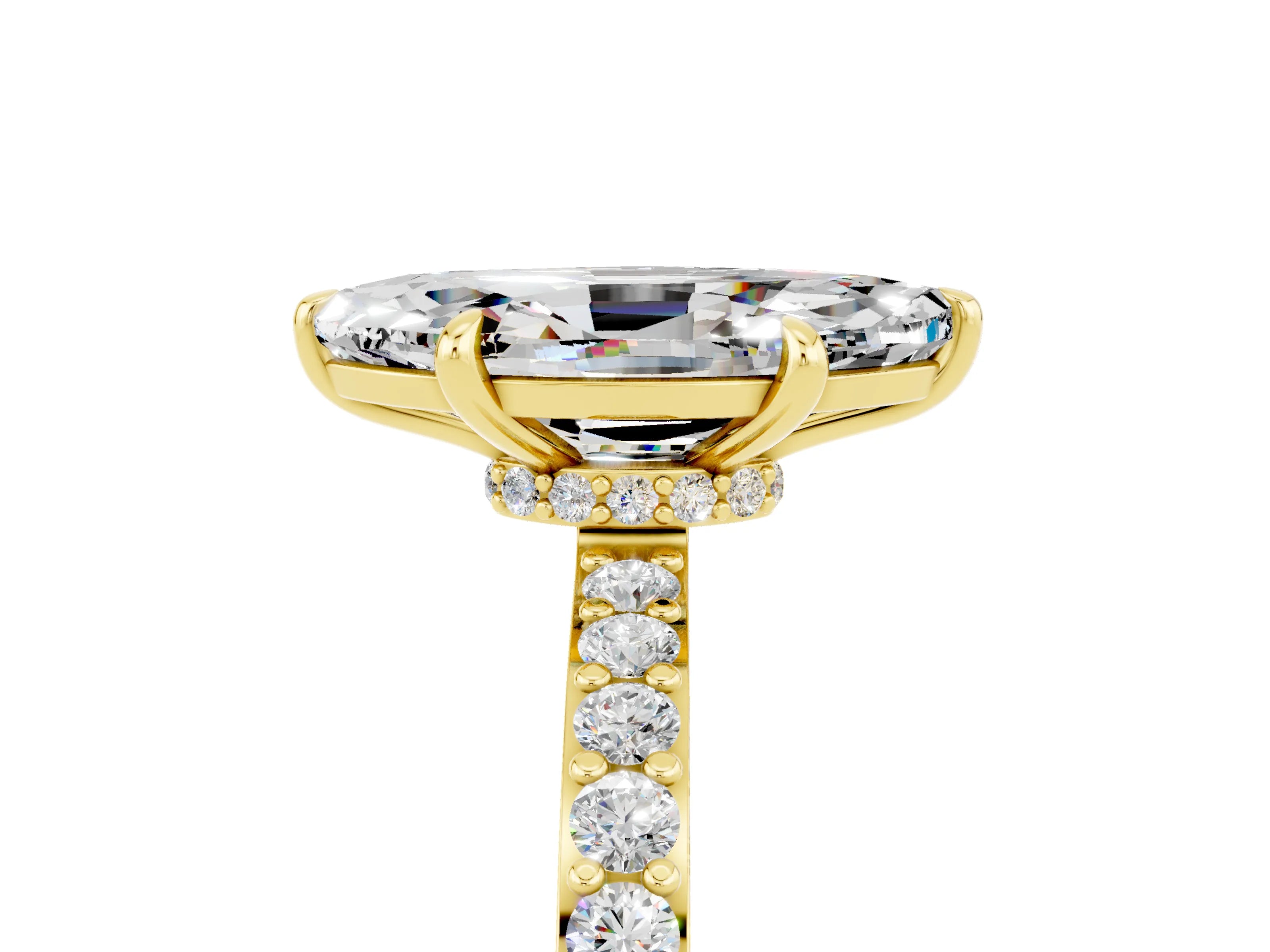 Yellow gold Marquise Cut Moissanite Solitaire Engagement Ring with Pavé Band and Four-Prong Setting_5