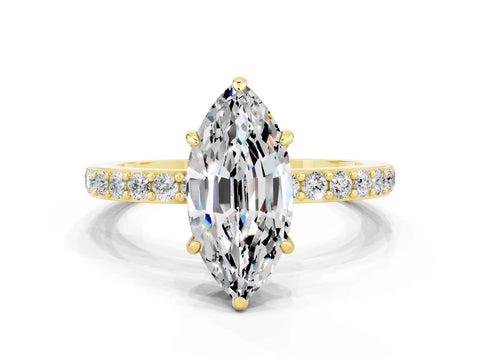 Yellow gold Marquise Cut Moissanite Solitaire Engagement Ring with Pavé Band and Four-Prong Setting
