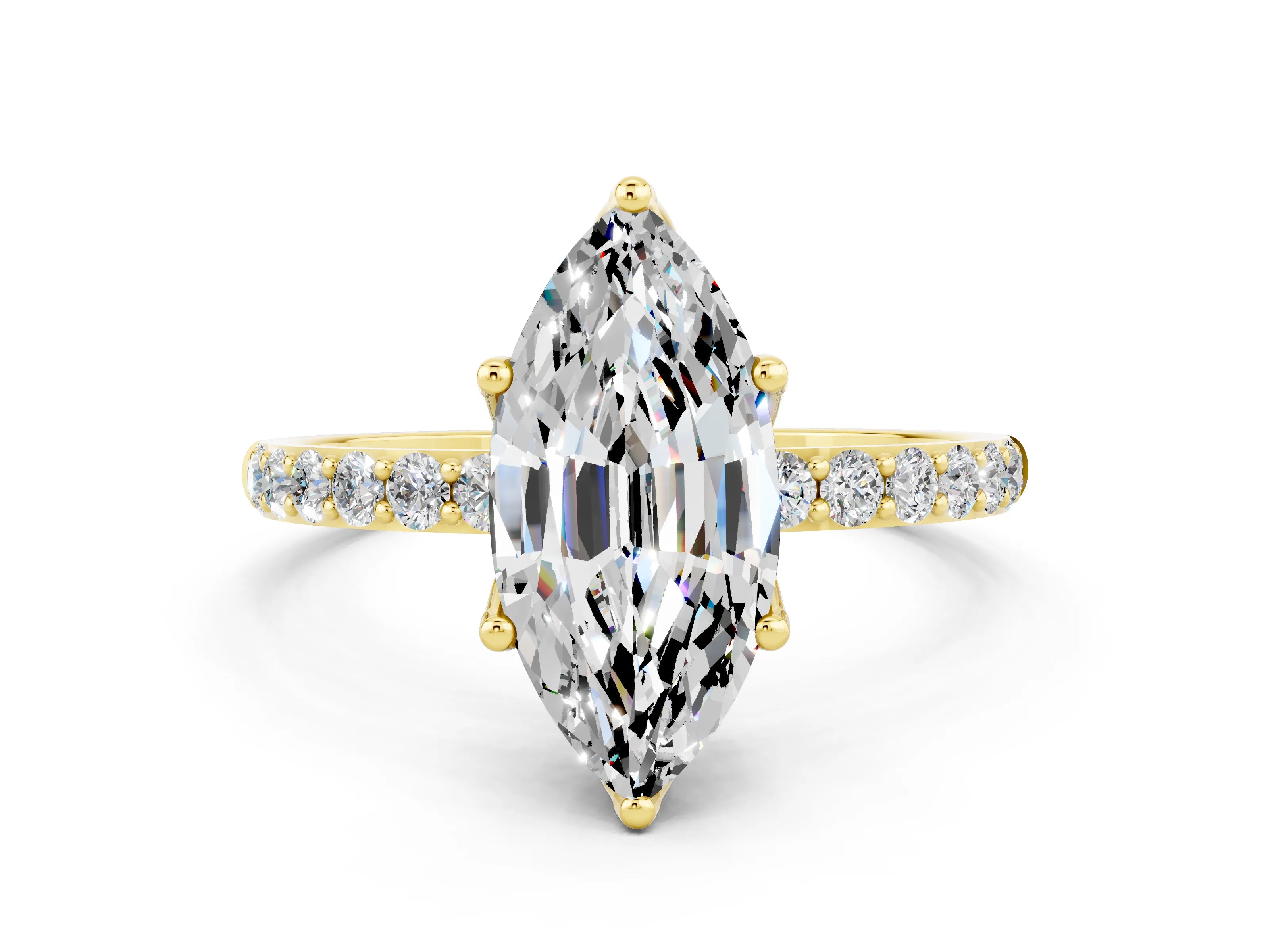 Yellow gold Marquise Cut Moissanite Solitaire Engagement Ring with Pavé Band and Prong Setting
