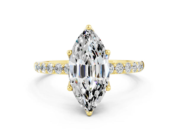 Yellow gold Marquise Cut Moissanite Solitaire Engagement Ring with Round  Pavé Band and Prong Setting