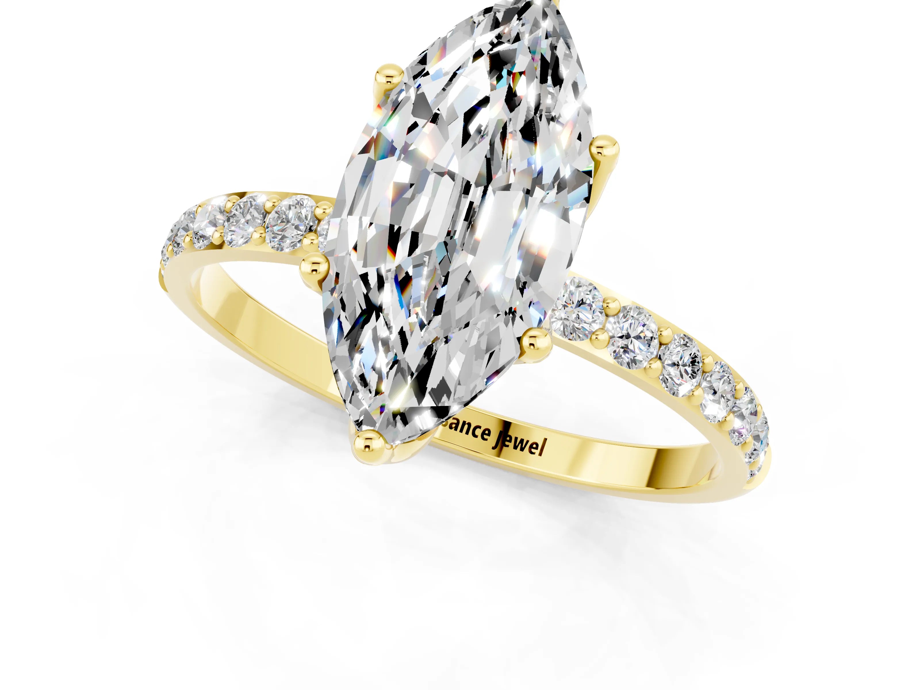 Yellow gold Marquise Cut Moissanite Solitaire Engagement Ring with Pavé Band and Prong Setting_1