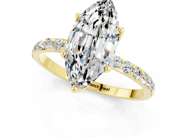 Yellow gold Marquise Cut Moissanite Solitaire Engagement Ring with Round  Pavé Band and Prong Setting