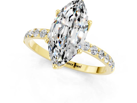 Yellow gold Marquise Cut Moissanite Solitaire Engagement Ring with Pavé Band and Prong Setting_1