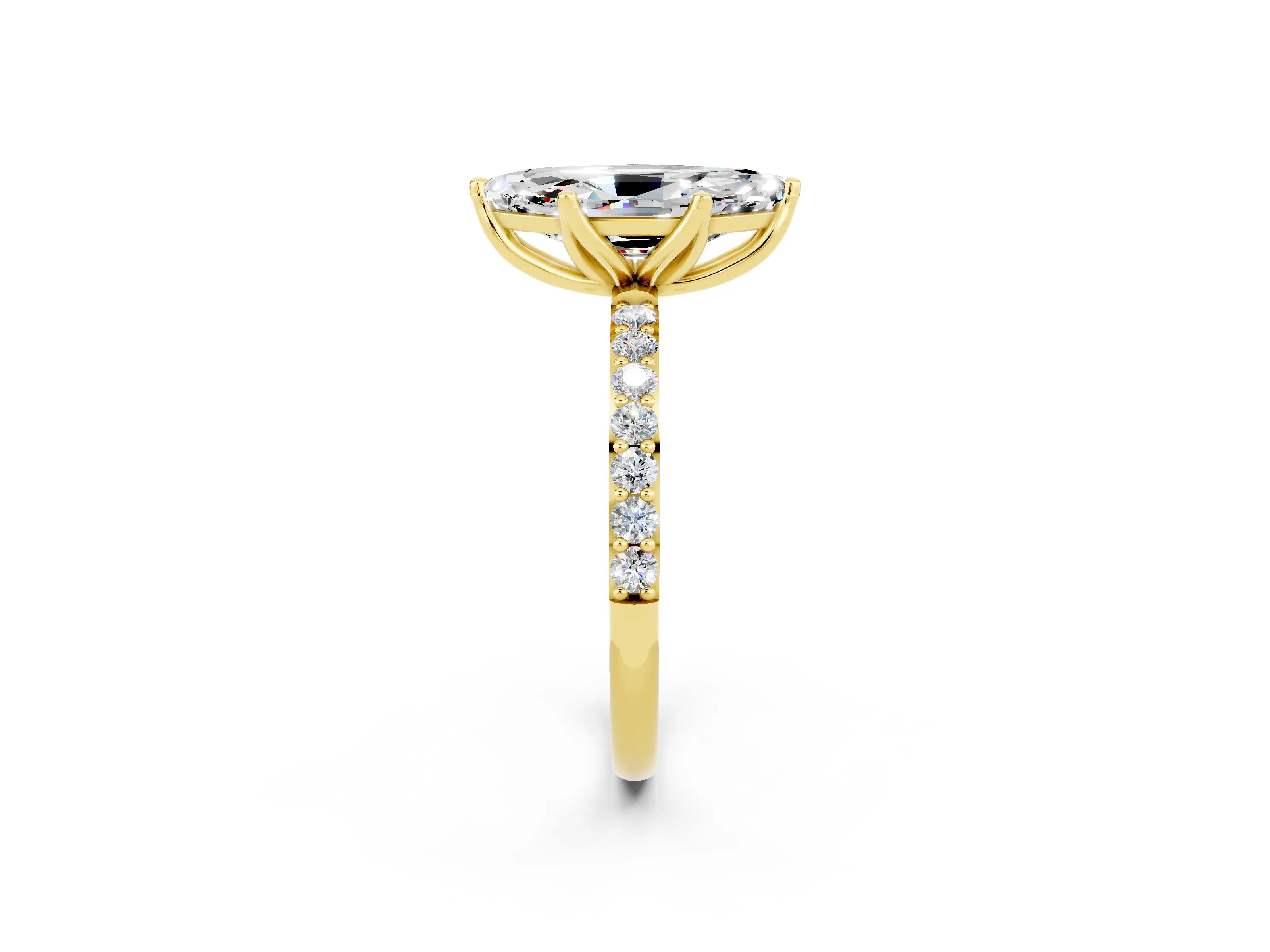 Yellow gold Marquise Cut Moissanite Solitaire Engagement Ring with Pavé Band and Prong Setting_2