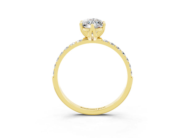 Yellow gold Marquise Cut Moissanite Solitaire Engagement Ring with Round  Pavé Band and Prong Setting