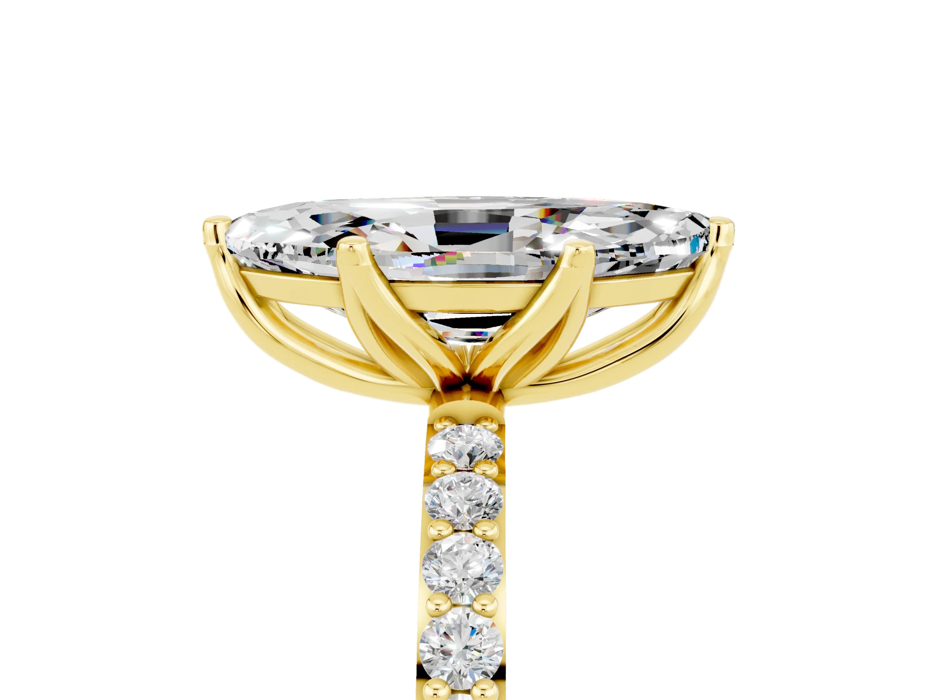 Yellow gold Marquise Cut Moissanite Solitaire Engagement Ring with Pavé Band and Prong Setting_5