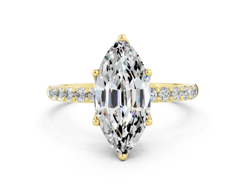 Yellow gold Marquise Cut Moissanite Solitaire Engagement Ring with Pavé Band and Prong Setting