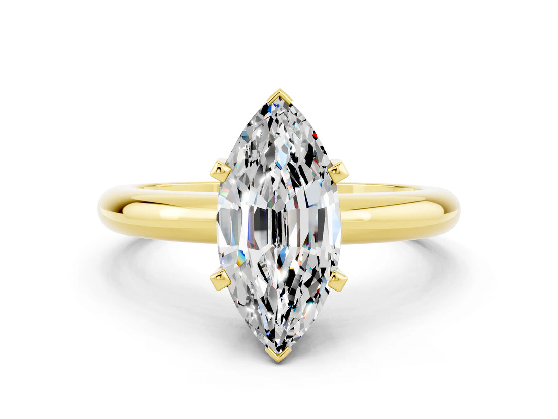 Yellow gold Marquise Cut Moissanite Solitaire Engagement Ring with Round Band and Four-Prong Setting