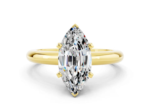 Yellow gold Marquise Cut Moissanite Solitaire Engagement Ring with Round Band and Four-Prong Setting