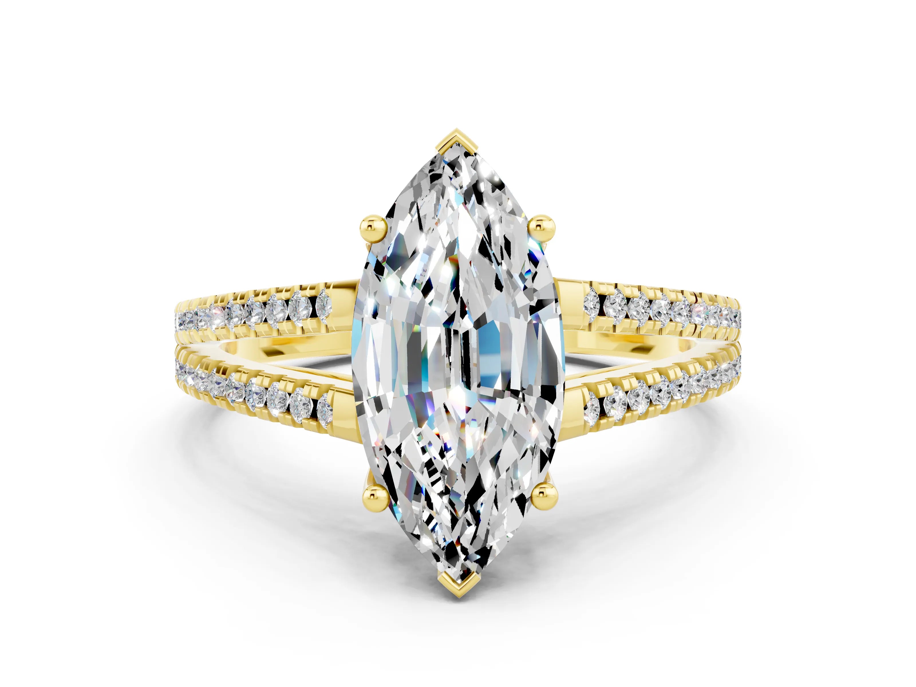 Yellow gold Marquise Cut Moissanite Solitaire Engagement Ring with Split Shank Pavé Band