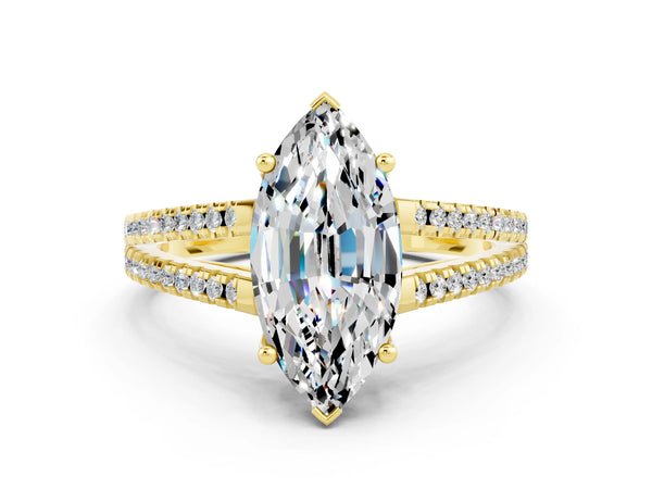 Yellow gold Marquise Cut Moissanite Solitaire Engagement Ring with Split Shank Pavé Band