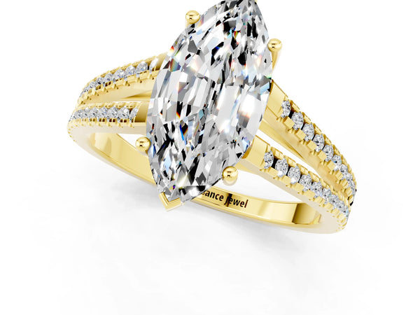 Yellow gold Marquise Cut Moissanite Solitaire Engagement Ring with Split Shank Pavé Band