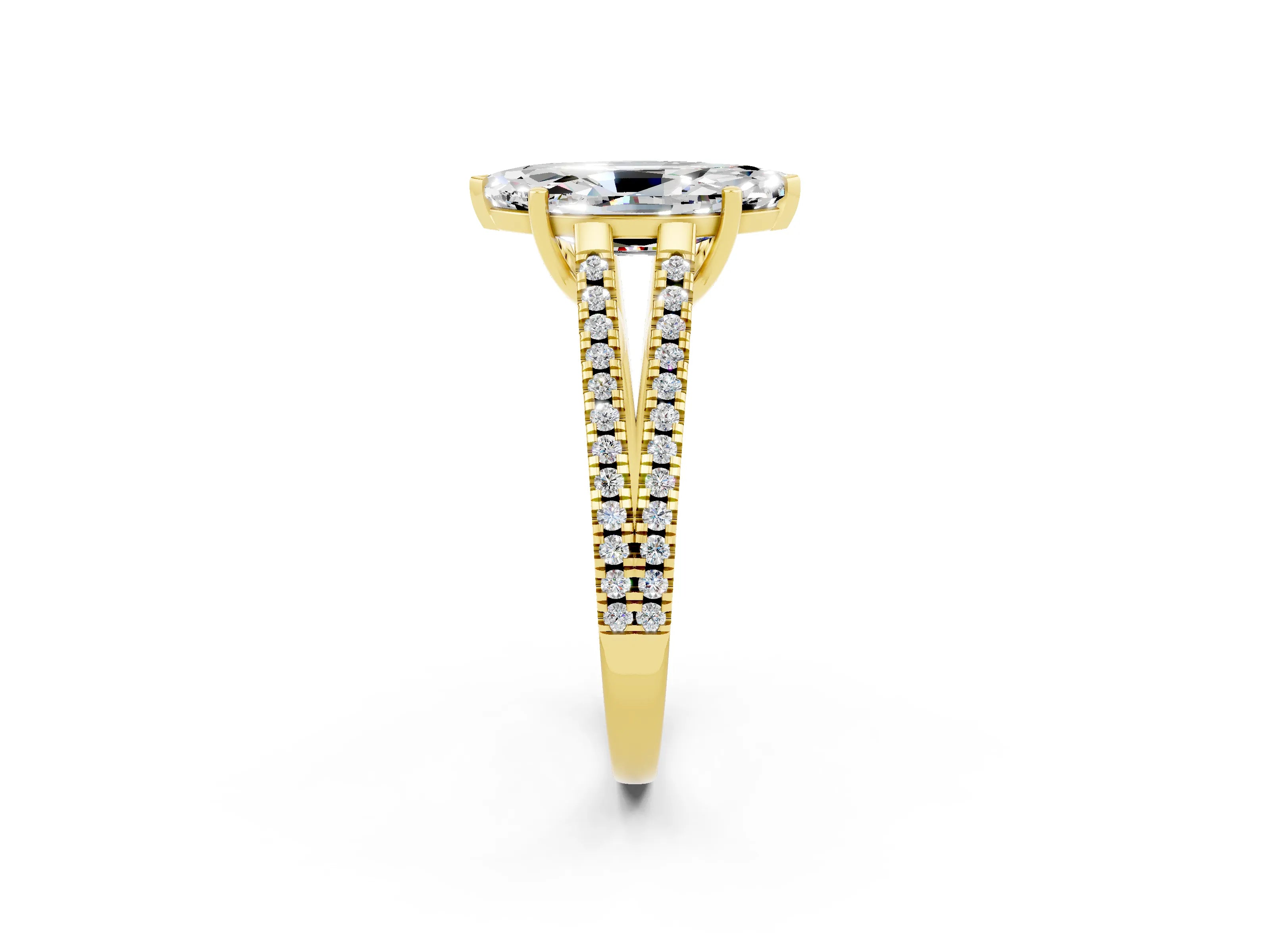 Yellow gold Marquise Cut Moissanite Solitaire Engagement Ring with Split Shank Pavé Band_2