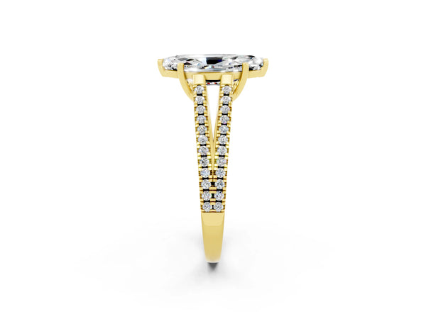 Yellow gold Marquise Cut Moissanite Solitaire Engagement Ring with Split Shank Pavé Band