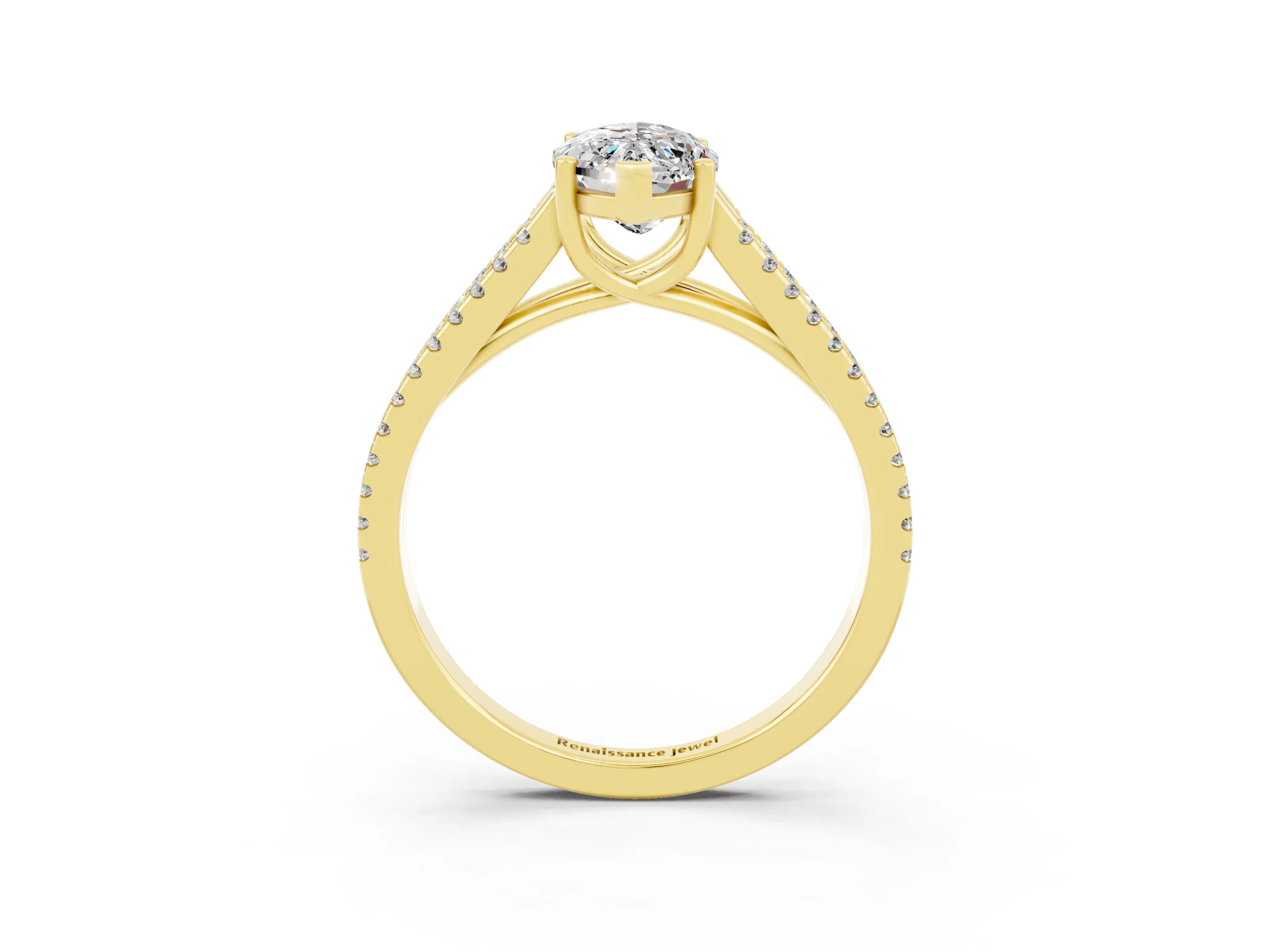 Yellow gold Marquise Cut Moissanite Solitaire Engagement Ring with Split Shank Pavé Band_3