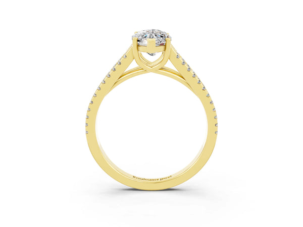 Yellow gold Marquise Cut Moissanite Solitaire Engagement Ring with Split Shank Pavé Band