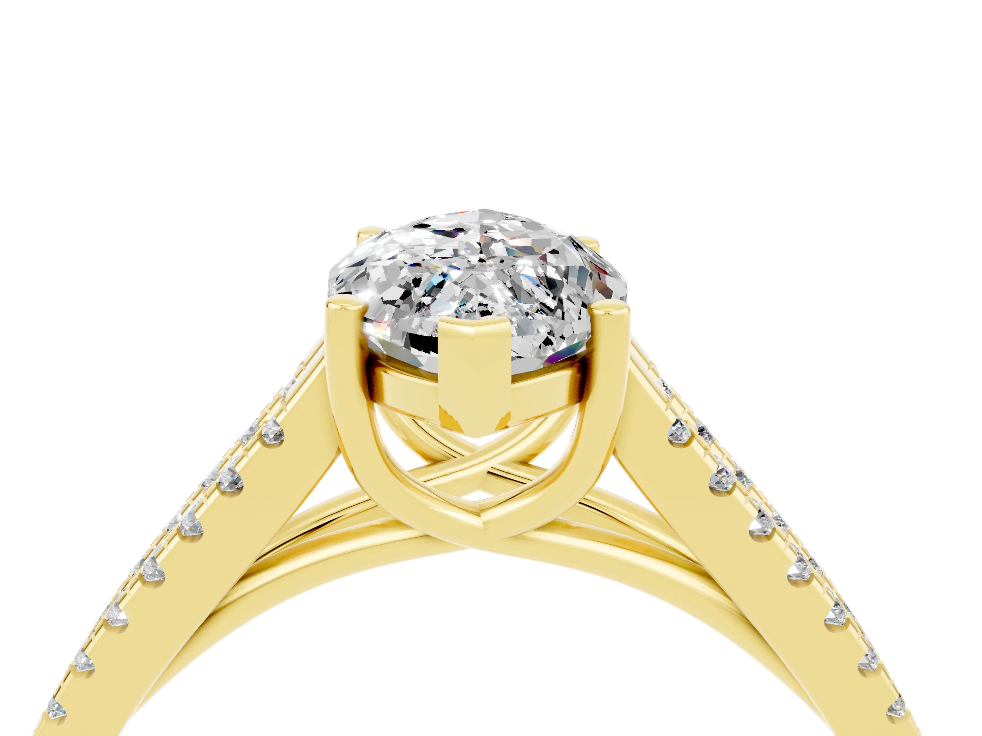 Yellow gold Marquise Cut Moissanite Solitaire Engagement Ring with Split Shank Pavé Band_4