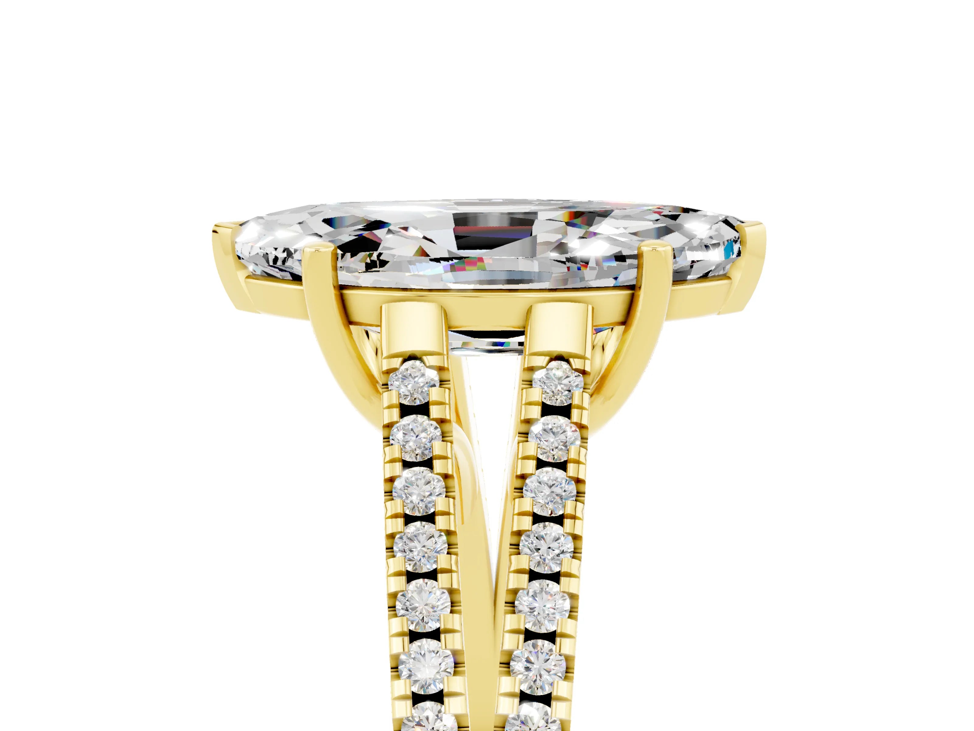 Yellow gold Marquise Cut Moissanite Solitaire Engagement Ring with Split Shank Pavé Band_5