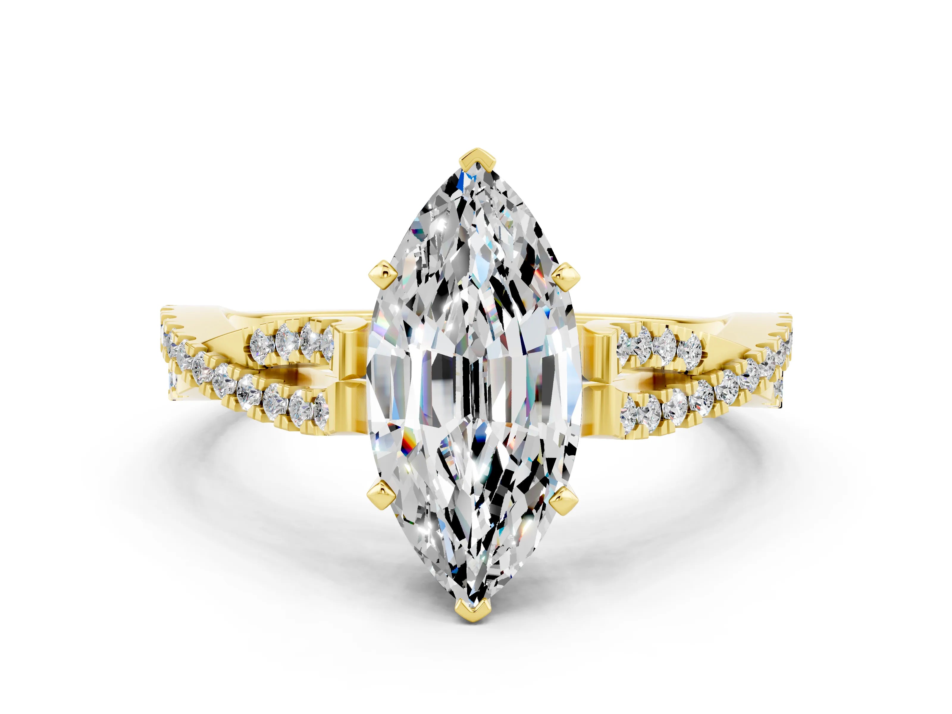 Yellow gold Marquise Cut Moissanite Solitaire Engagement Ring with Twisted Pavé Band and Four-Prong Setting