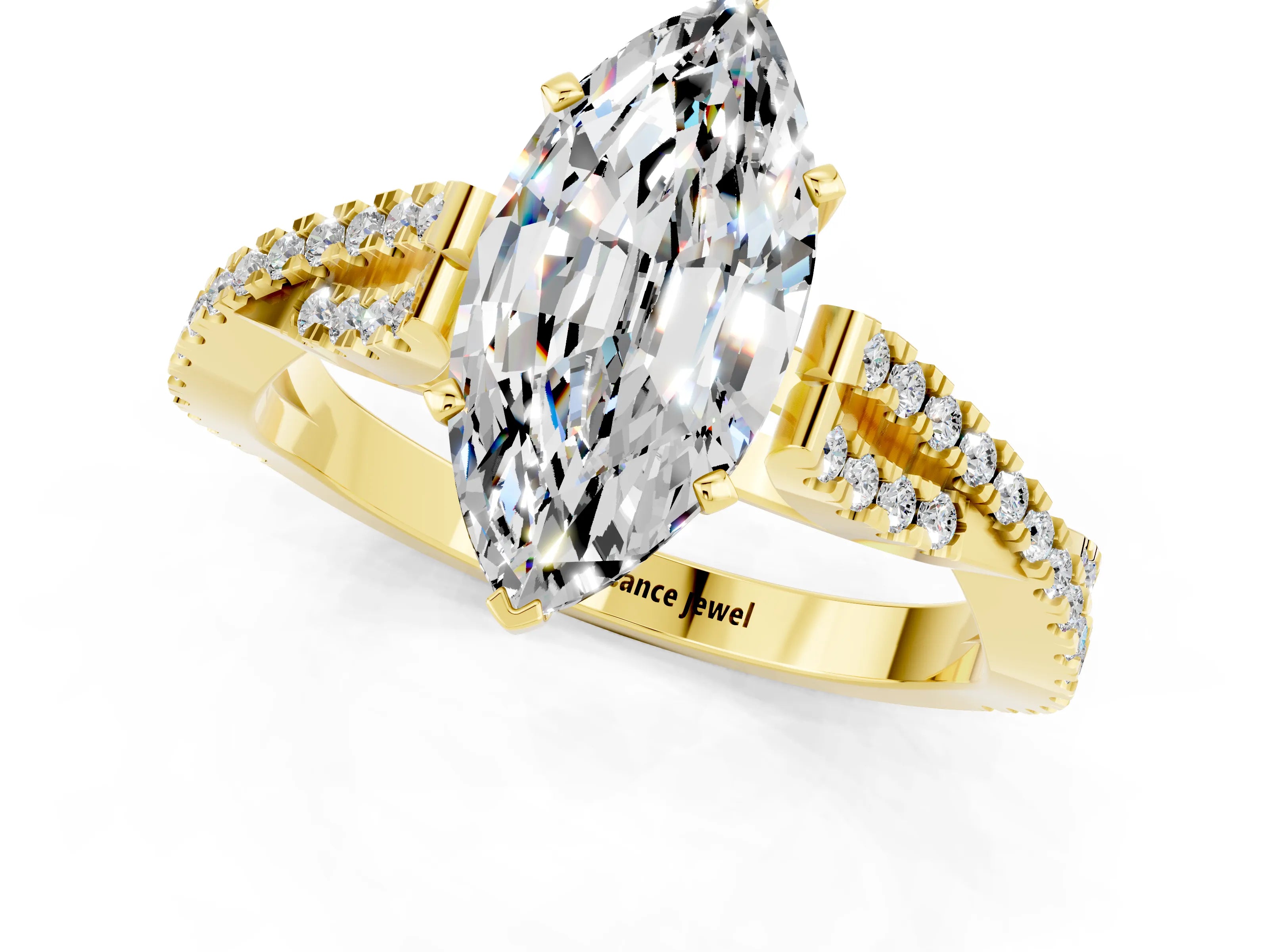 Yellow gold Marquise Cut Moissanite Solitaire Engagement Ring with Twisted Pavé Band and Four-Prong Setting_1