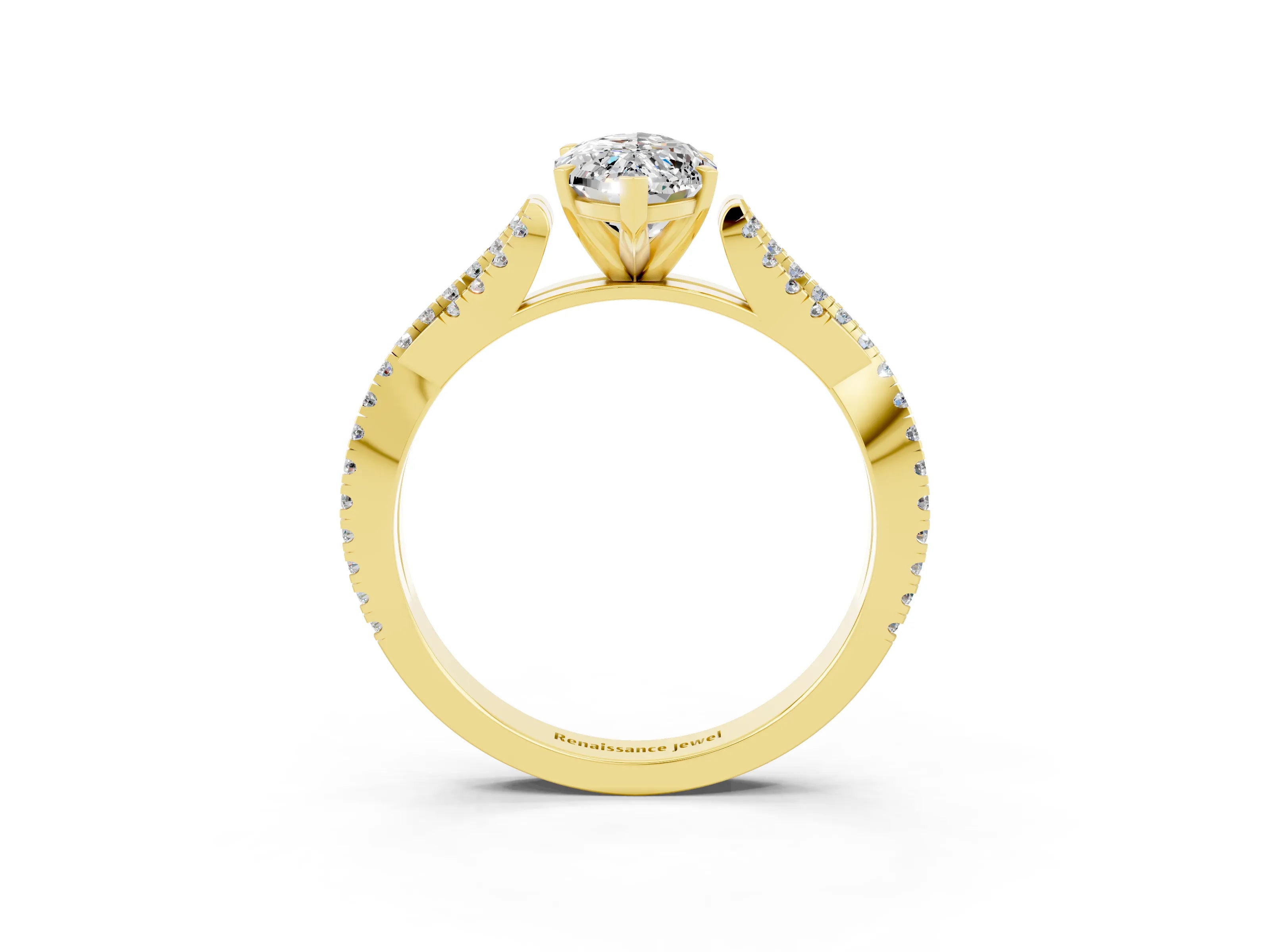 Yellow gold Marquise Cut Moissanite Solitaire Engagement Ring with Twisted Pavé Band and Four-Prong Setting_3
