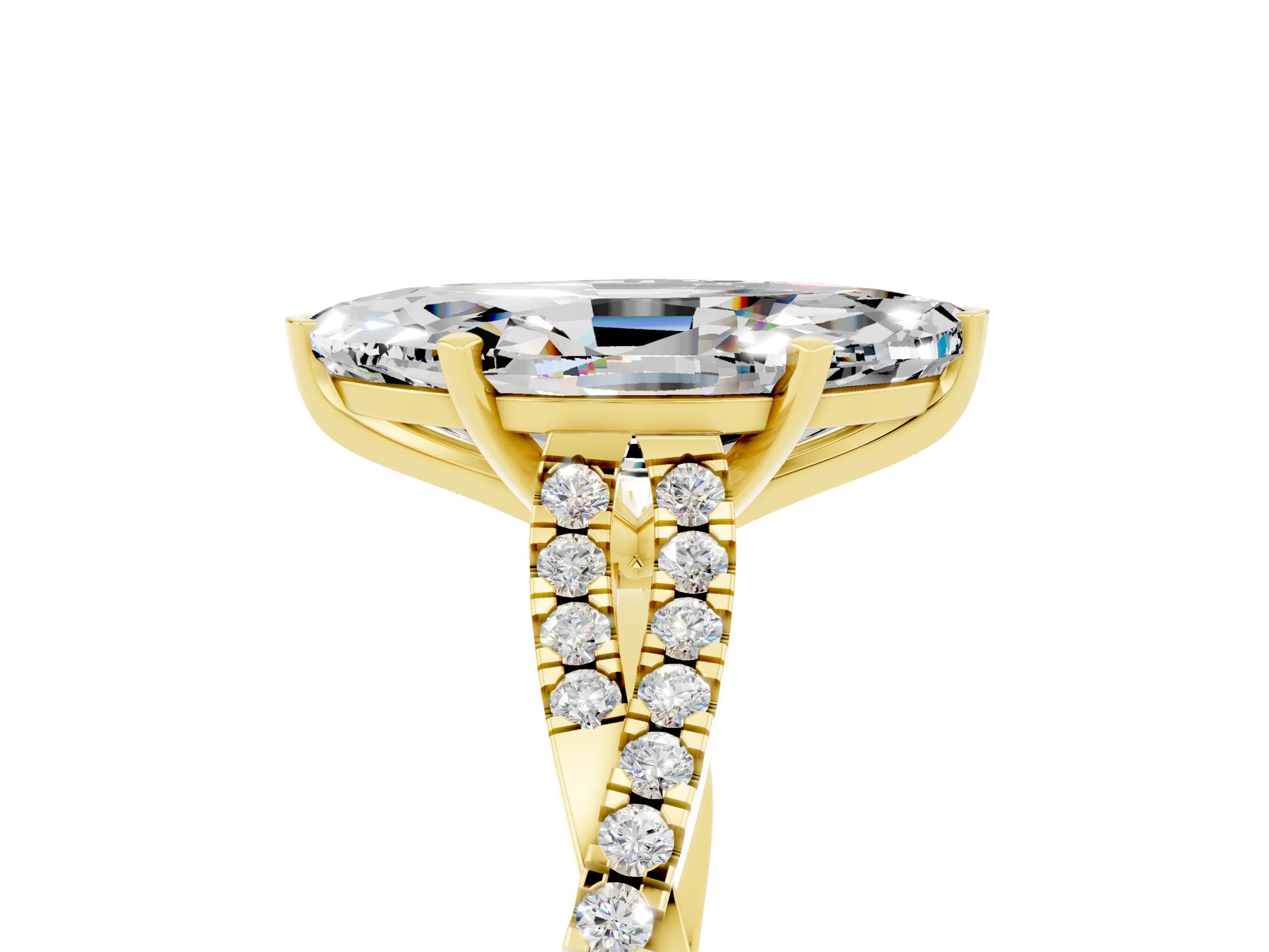 Yellow gold Marquise Cut Moissanite Solitaire Engagement Ring with Twisted Pavé Band and Four-Prong Setting_5