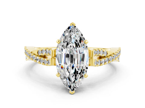 Yellow gold Marquise Cut Moissanite Solitaire Engagement Ring with Twisted Pavé Band and Four-Prong Setting