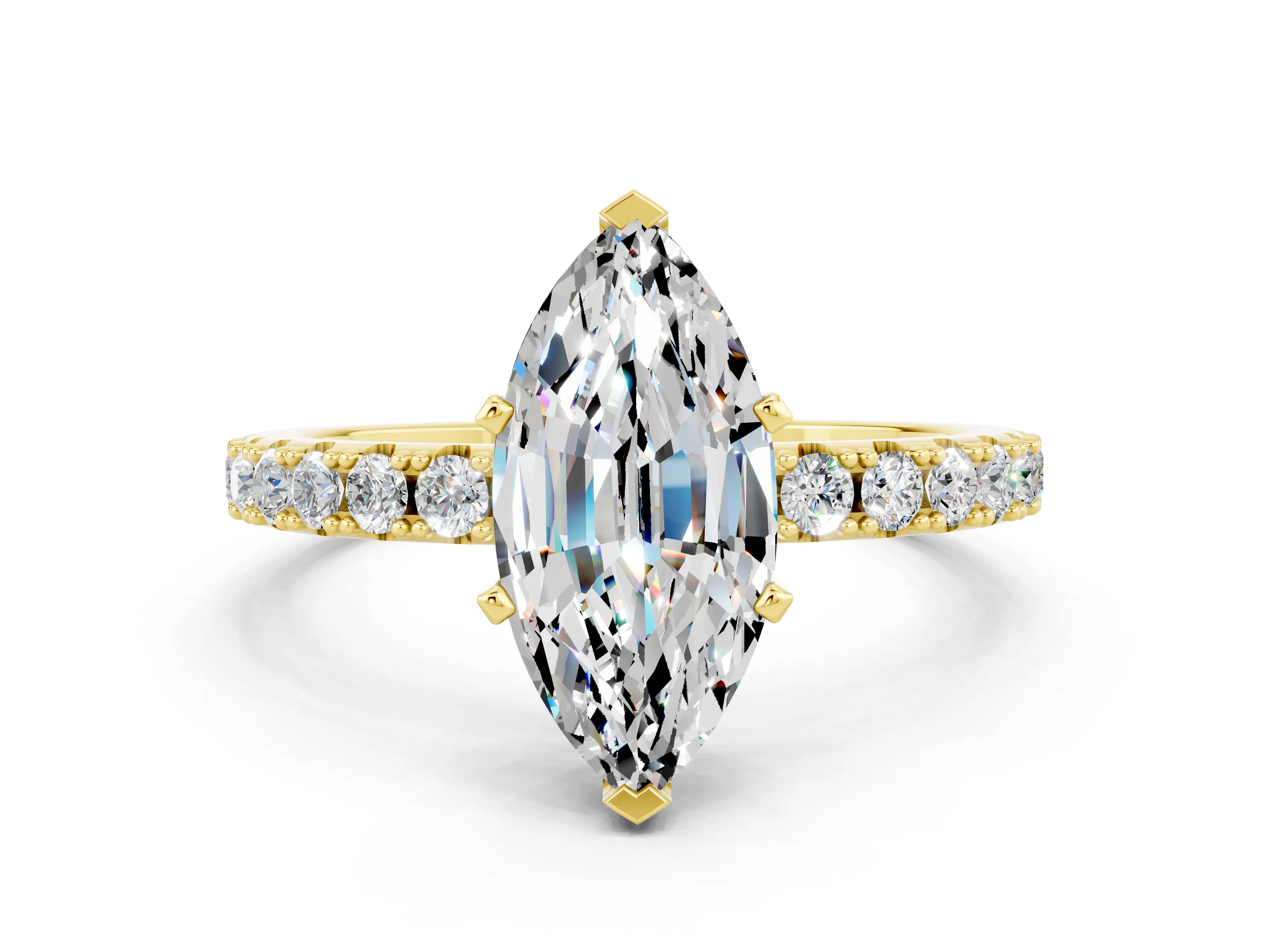 Yellow gold Marquise Cut Moissanite Solitaire Pavé Band with Four-Prong Setting
