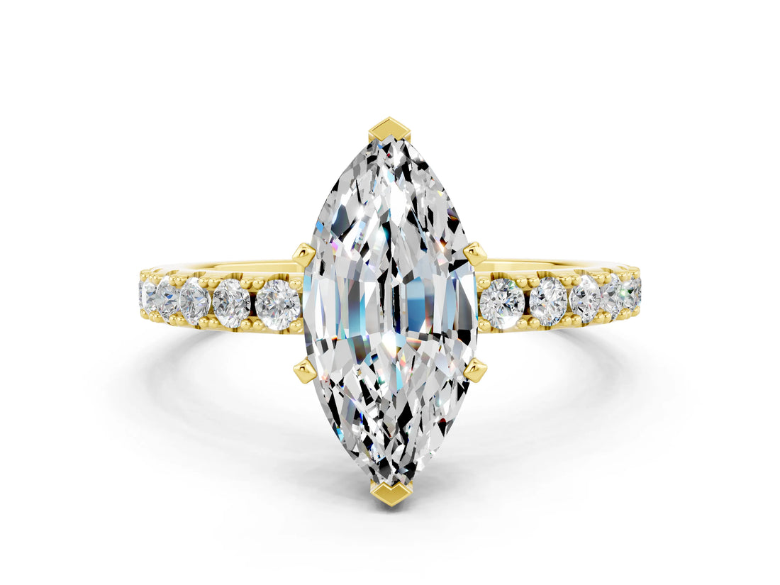 Yellow gold Marquise Cut Moissanite Solitaire Pavé Band with Four-Prong Setting