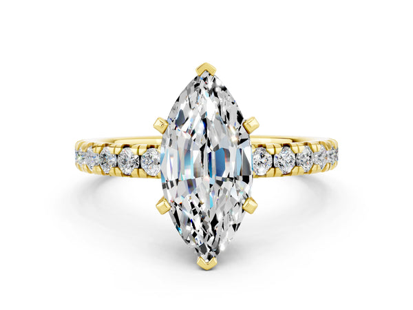 Yellow gold Marquise Cut Moissanite Solitaire Pavé Engagement Ring with Round Band and Prong Setting