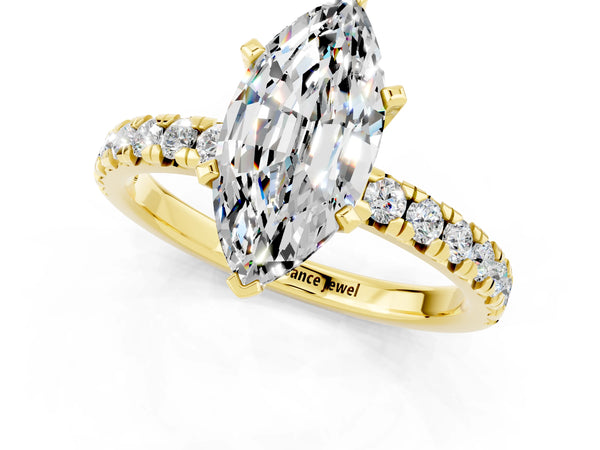 Yellow gold Marquise Cut Moissanite Solitaire Pavé Engagement Ring with Round Band and Prong Setting